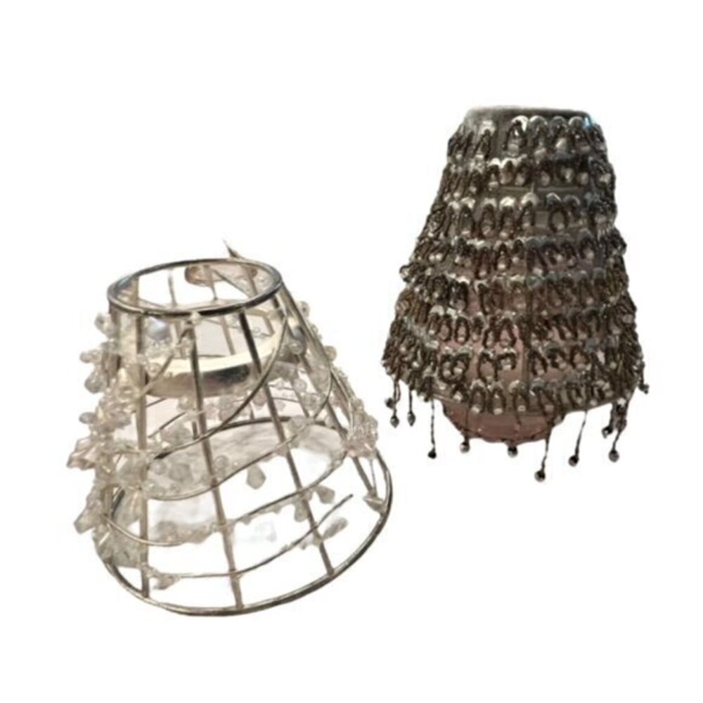 Beaded Mini Lampshades (2) Silver White Coordinated BOHO 70s Cottage Shabby Chic